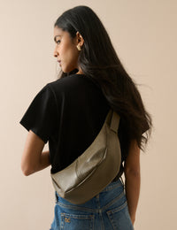 Khaki Leather Crescent Crossbody Bag