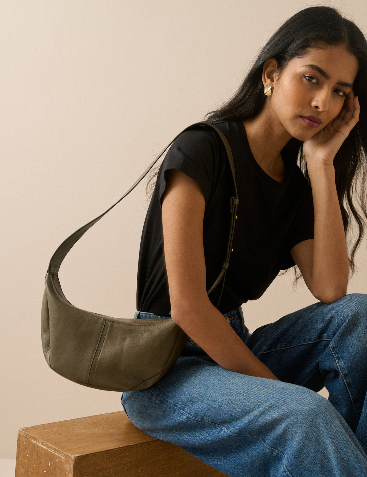 Khaki Leather Crescent Crossbody Bag