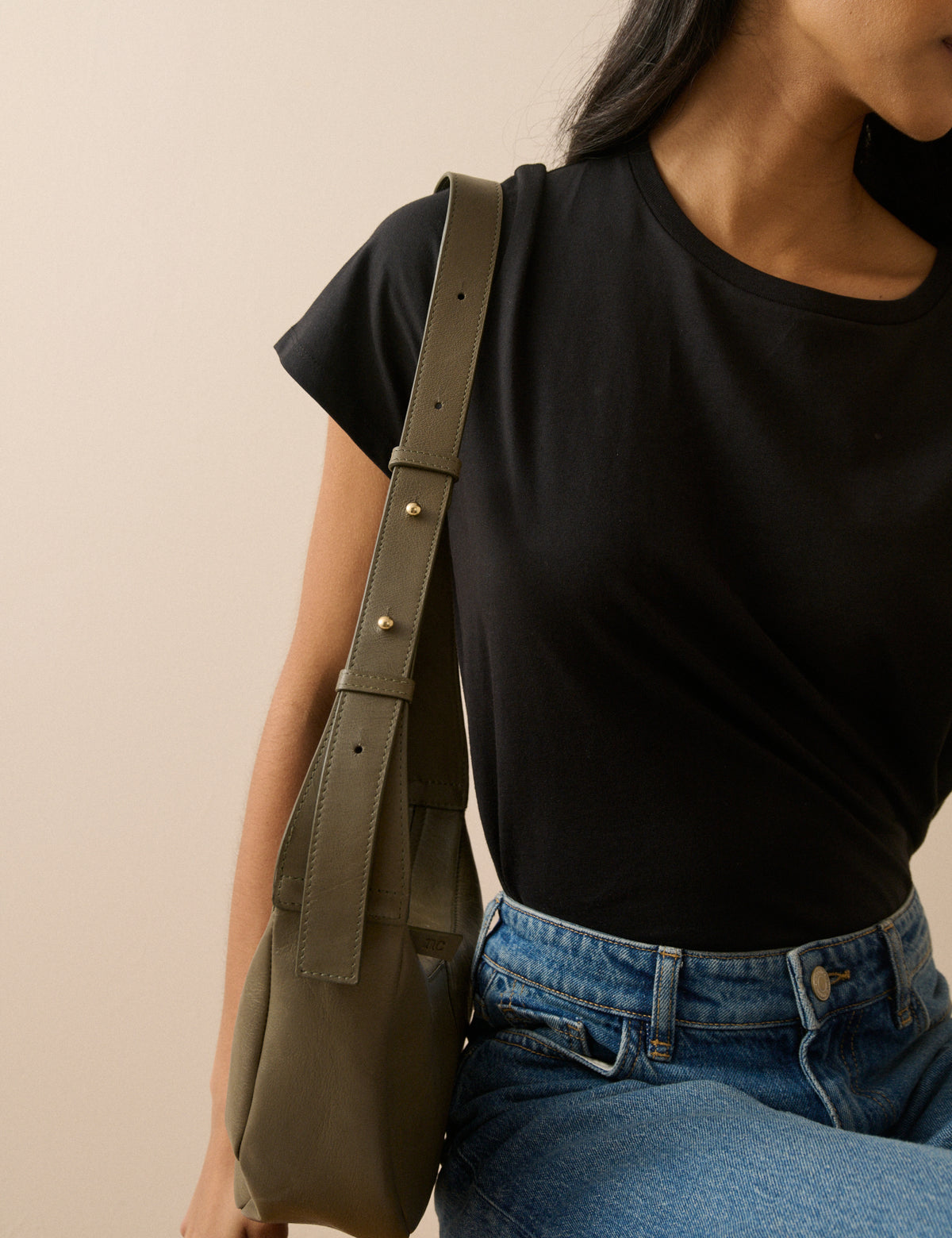 Khaki Leather Crescent Crossbody Bag