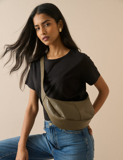 Khaki Leather Crescent Crossbody Bag