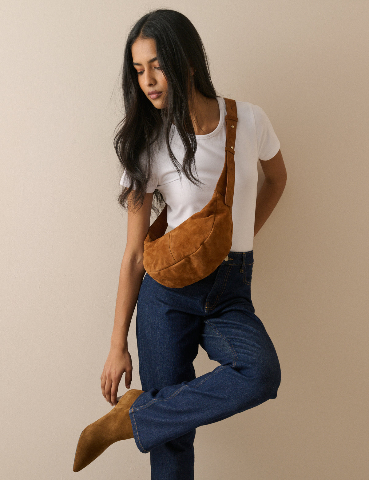 Tan Suede Crescent Crossbody Bag