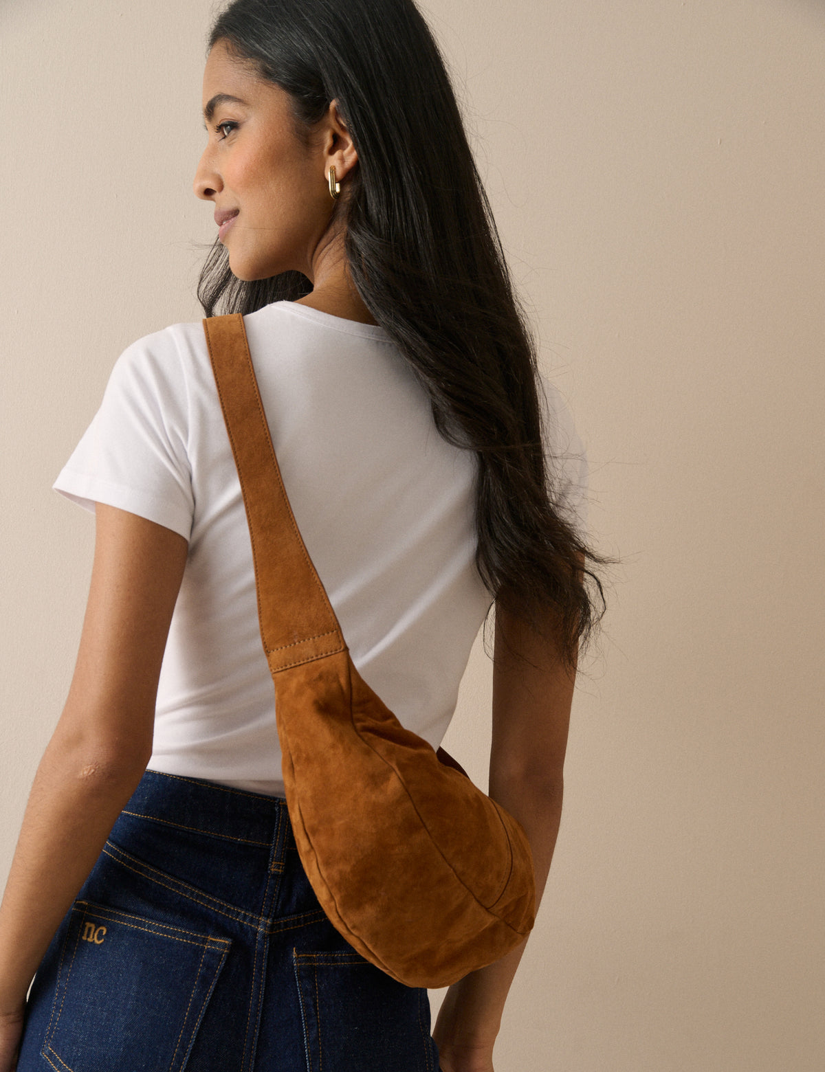 Tan Suede Crescent Crossbody Bag