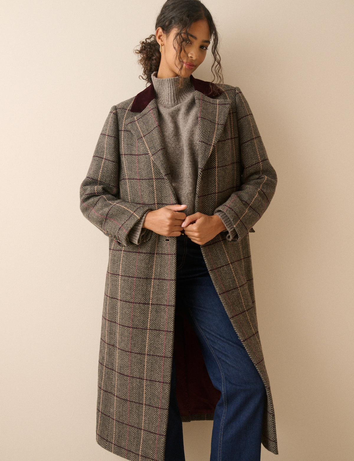 Brown checked herringbone wool-blend coat