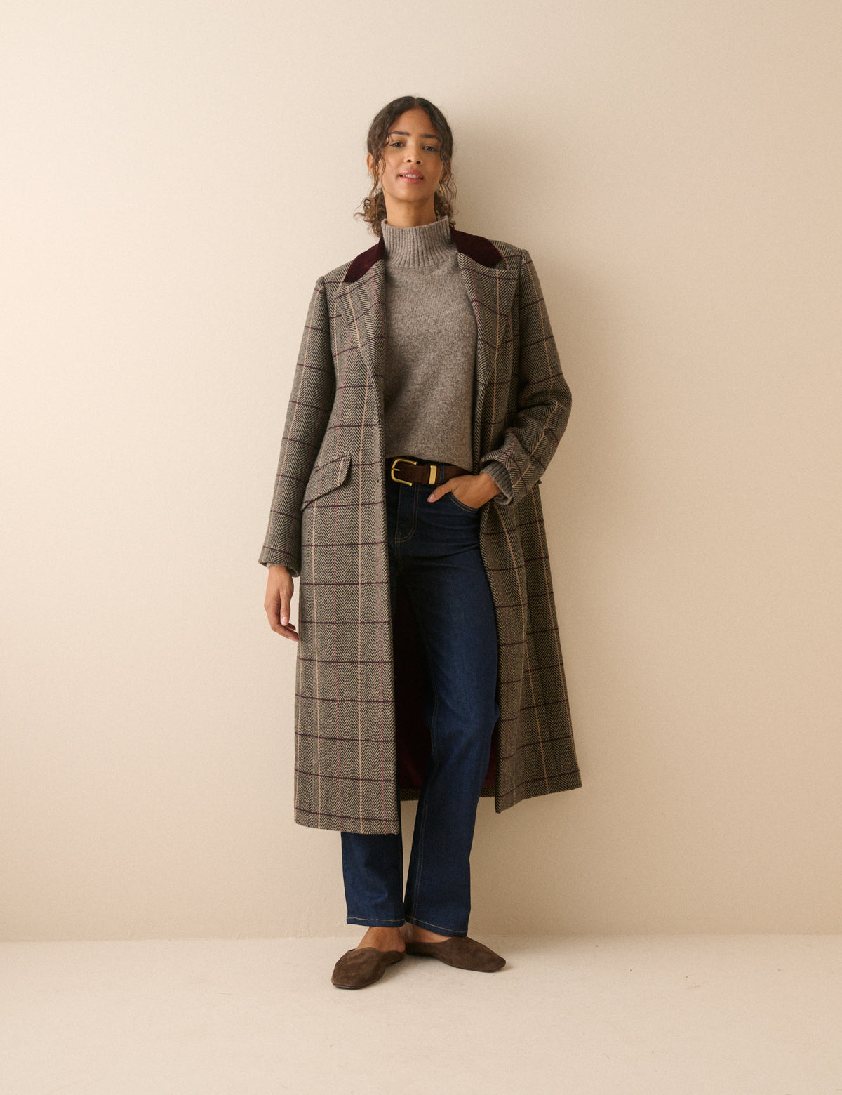 Brown herringbone check wool-blend coat