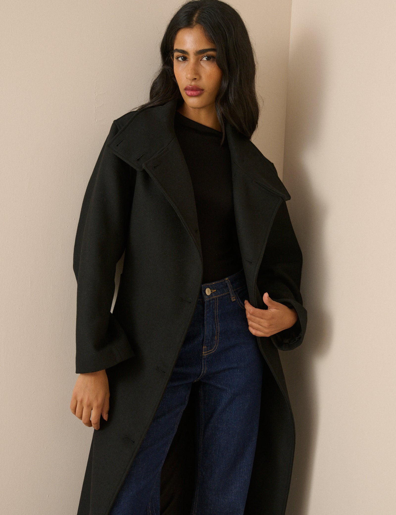 Black Wool-Blend Funnel Neck Coat