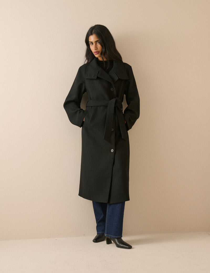 Black Wool-Blend Funnel Neck Coat