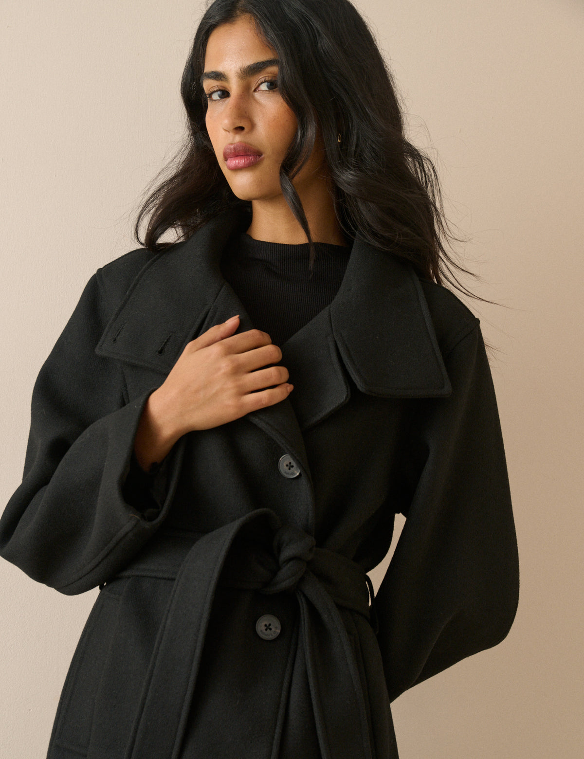 Black Wool-Blend Funnel Neck Coat