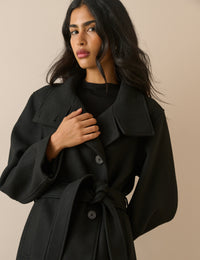 Black Wool-Blend Funnel Neck Coat
