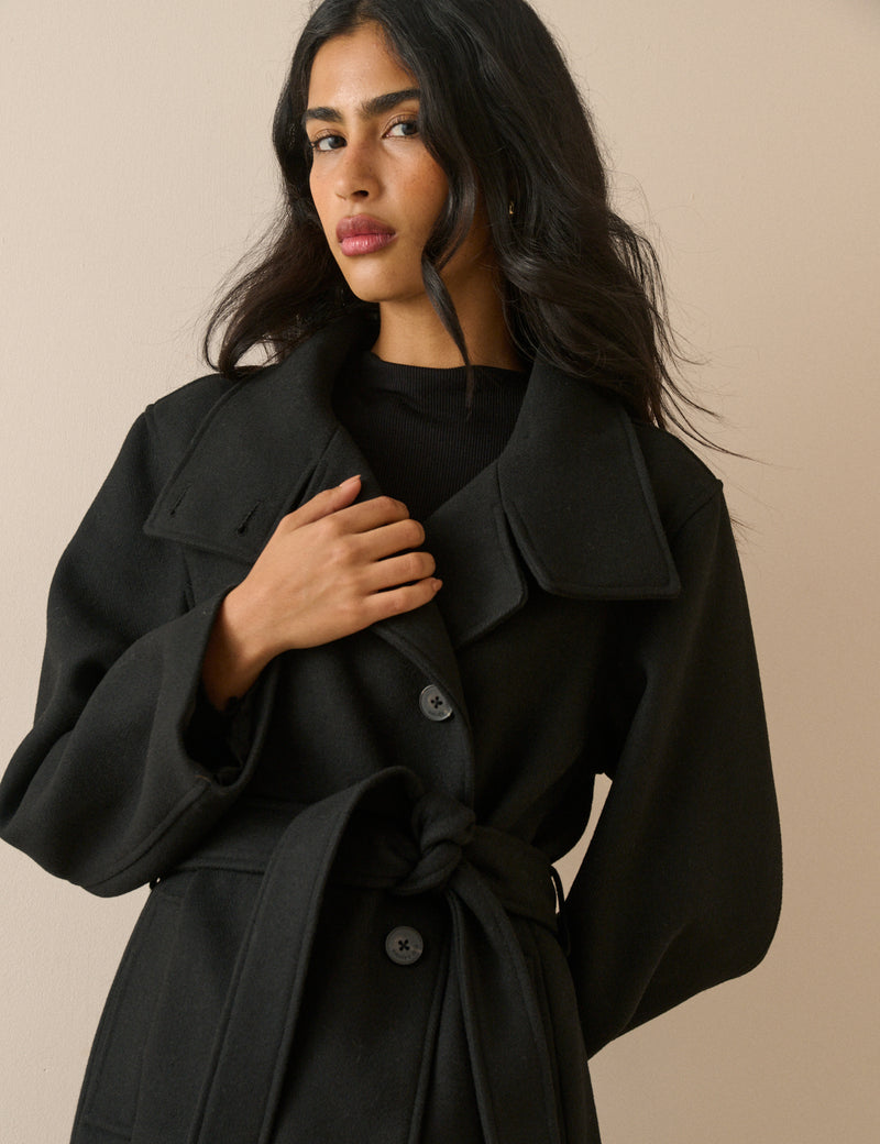 Black Wool-Blend Funnel Neck Coat
