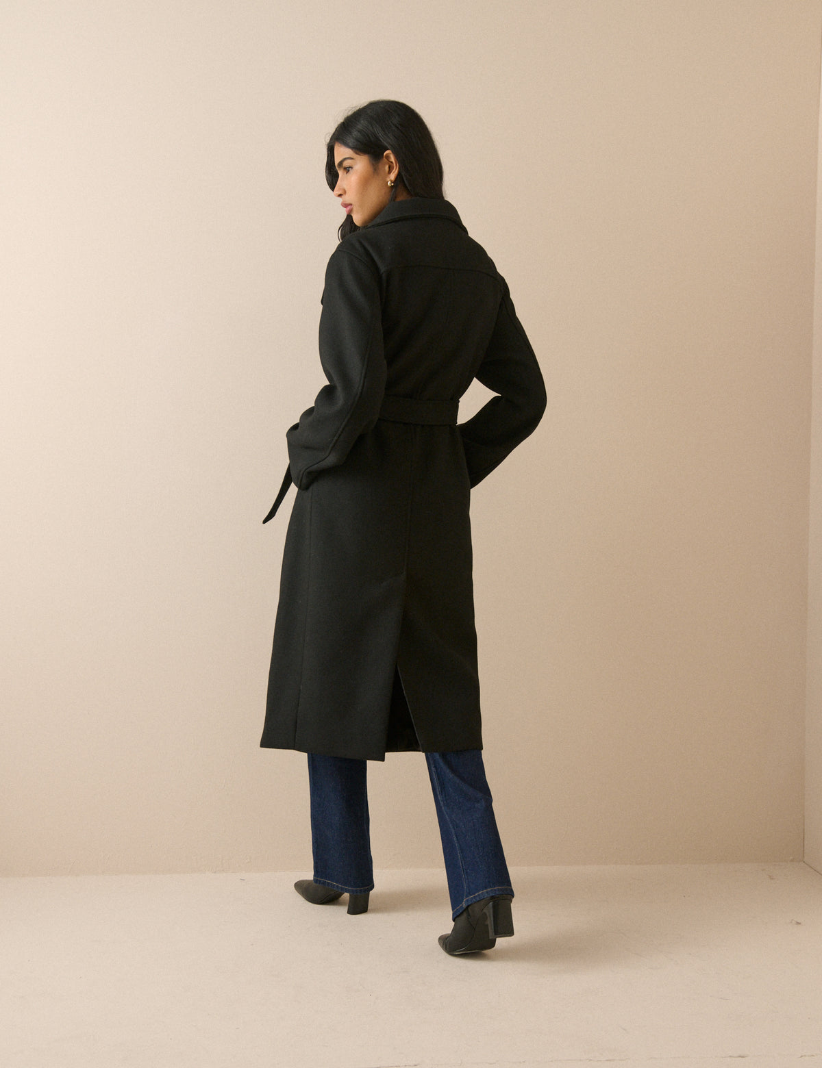 Black Wool-Blend Funnel Neck Coat