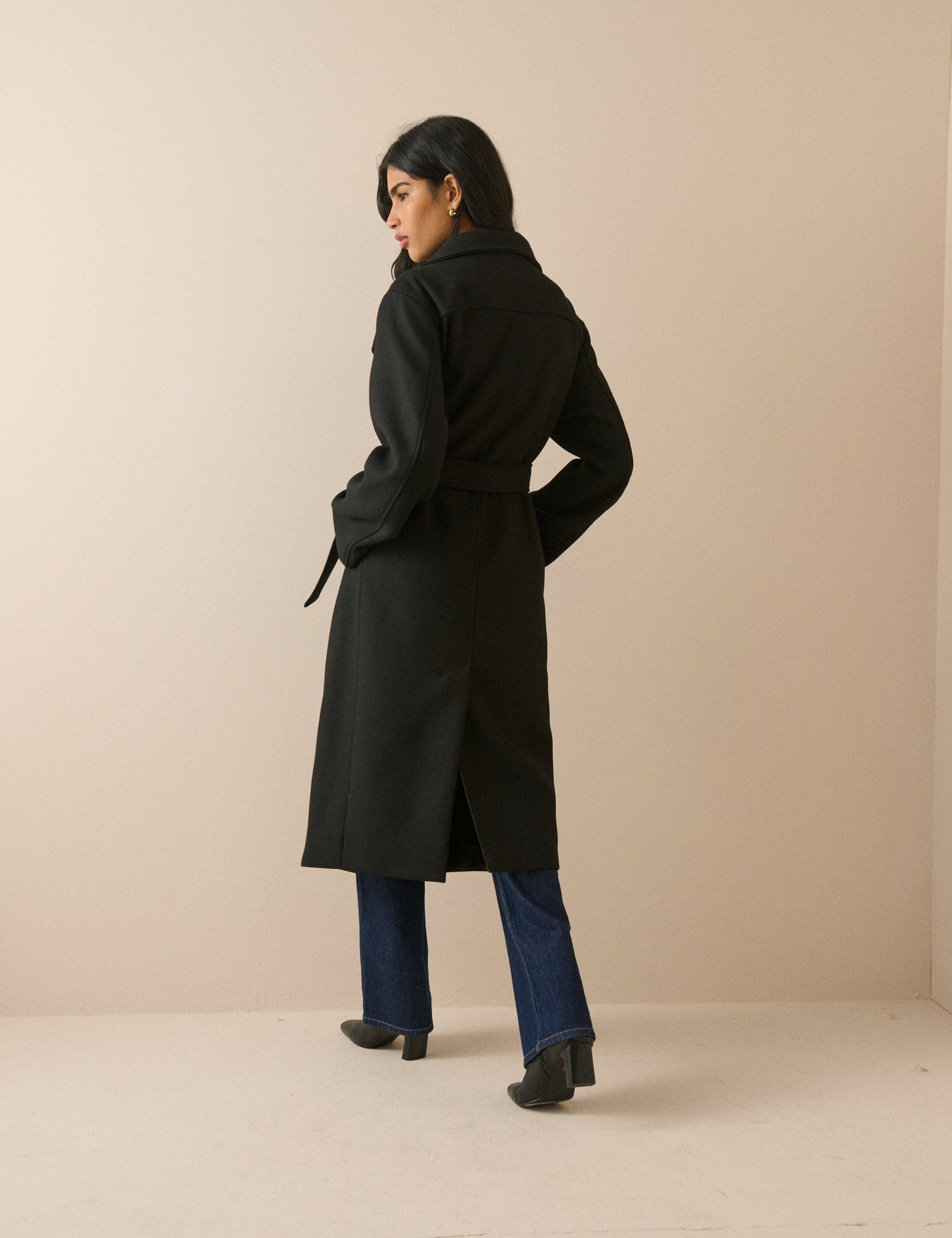 Black Wool-Blend Funnel Neck Coat