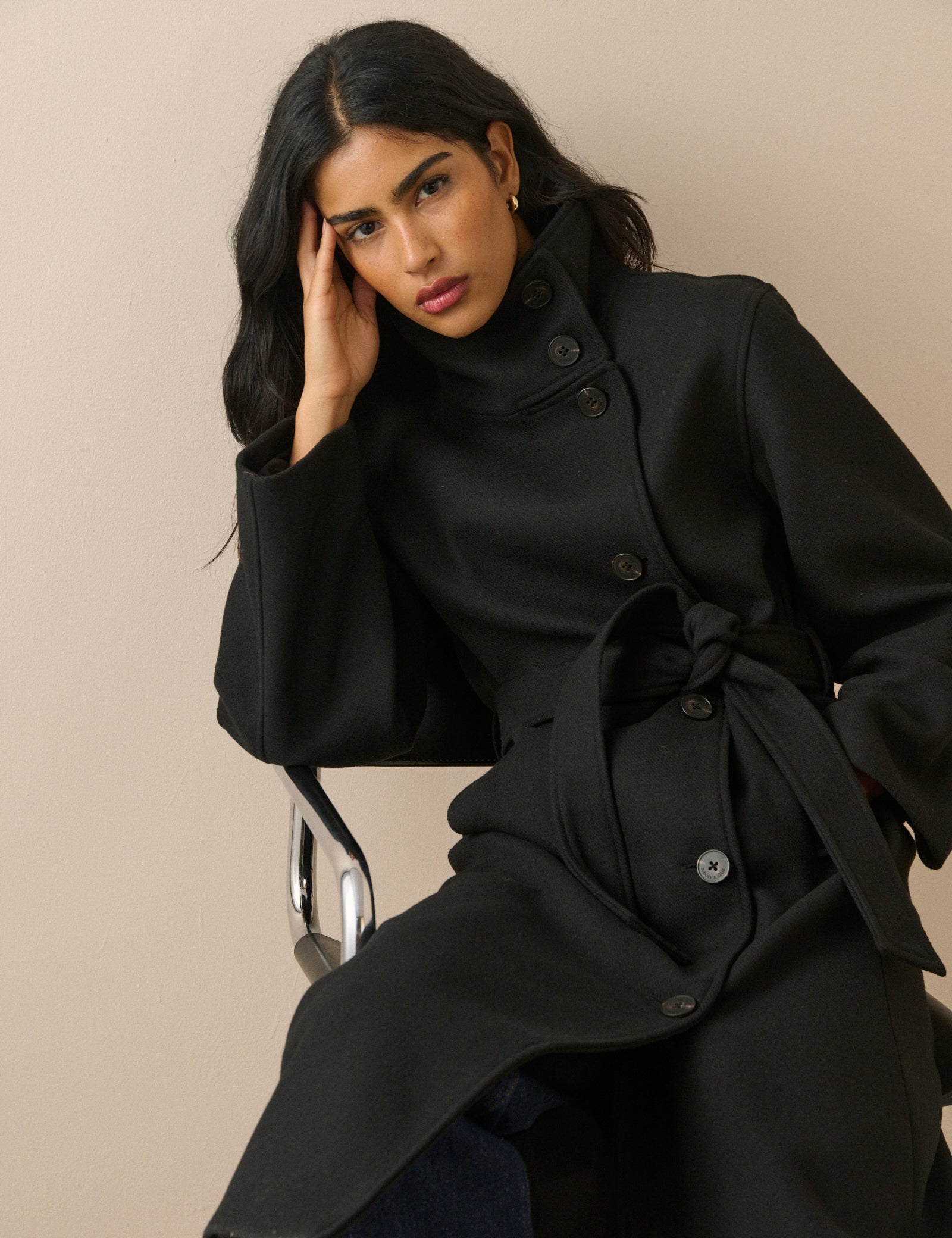Black Wool-Blend Funnel Neck Coat