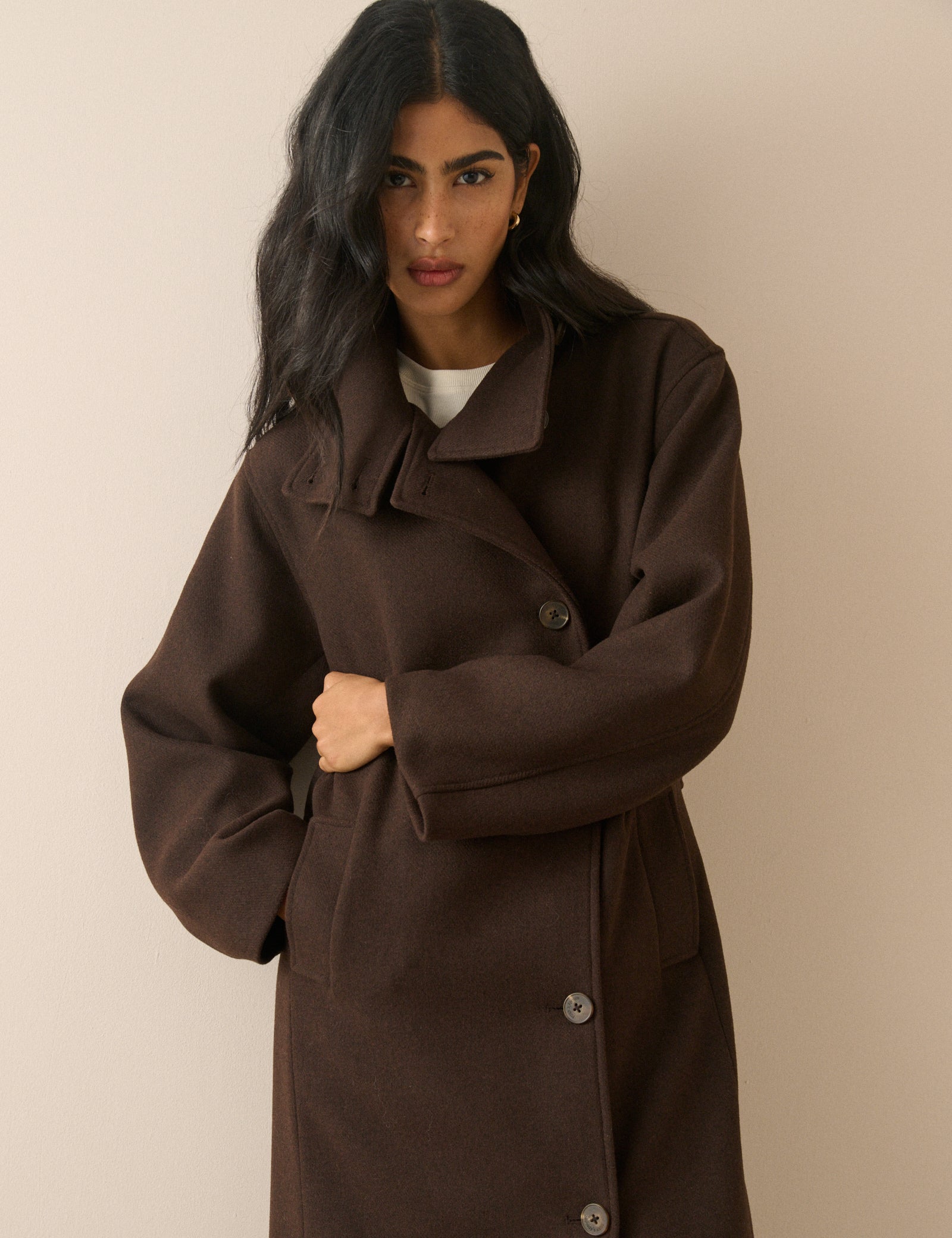 Brown Wool-Blend Funnel Neck Coat