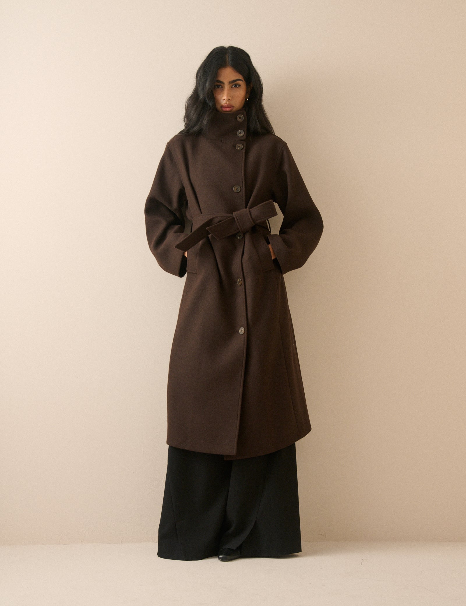Brown Wool-Blend Funnel Neck Coat