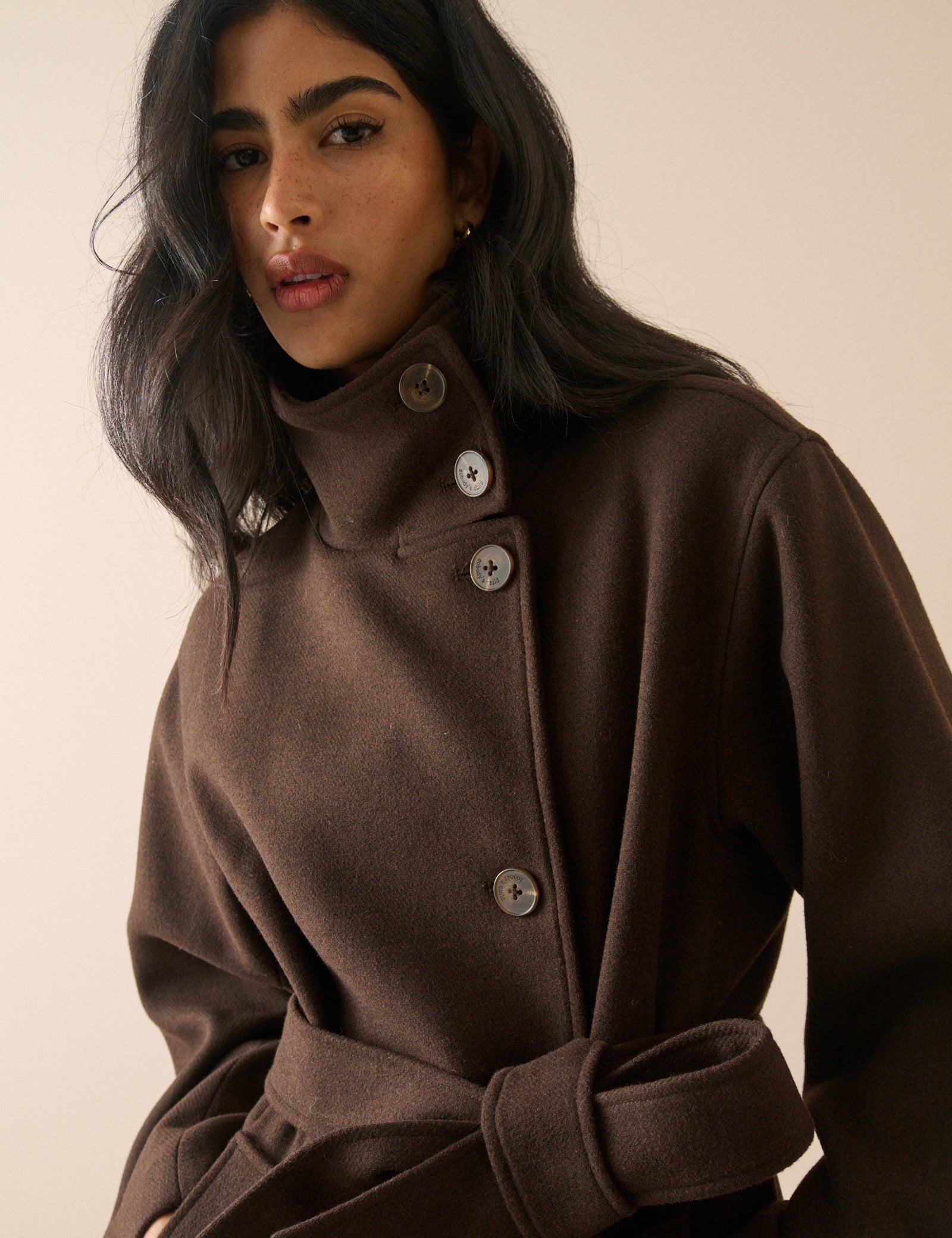 Brown Wool-Blend Funnel Neck Coat