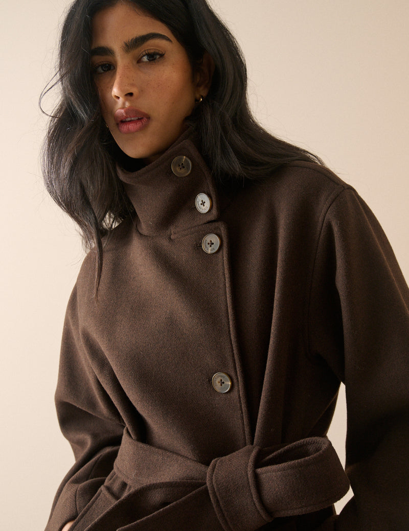 Brown Wool-Blend Funnel Neck Coat