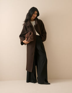Brown Wool-Blend Funnel Neck Coat