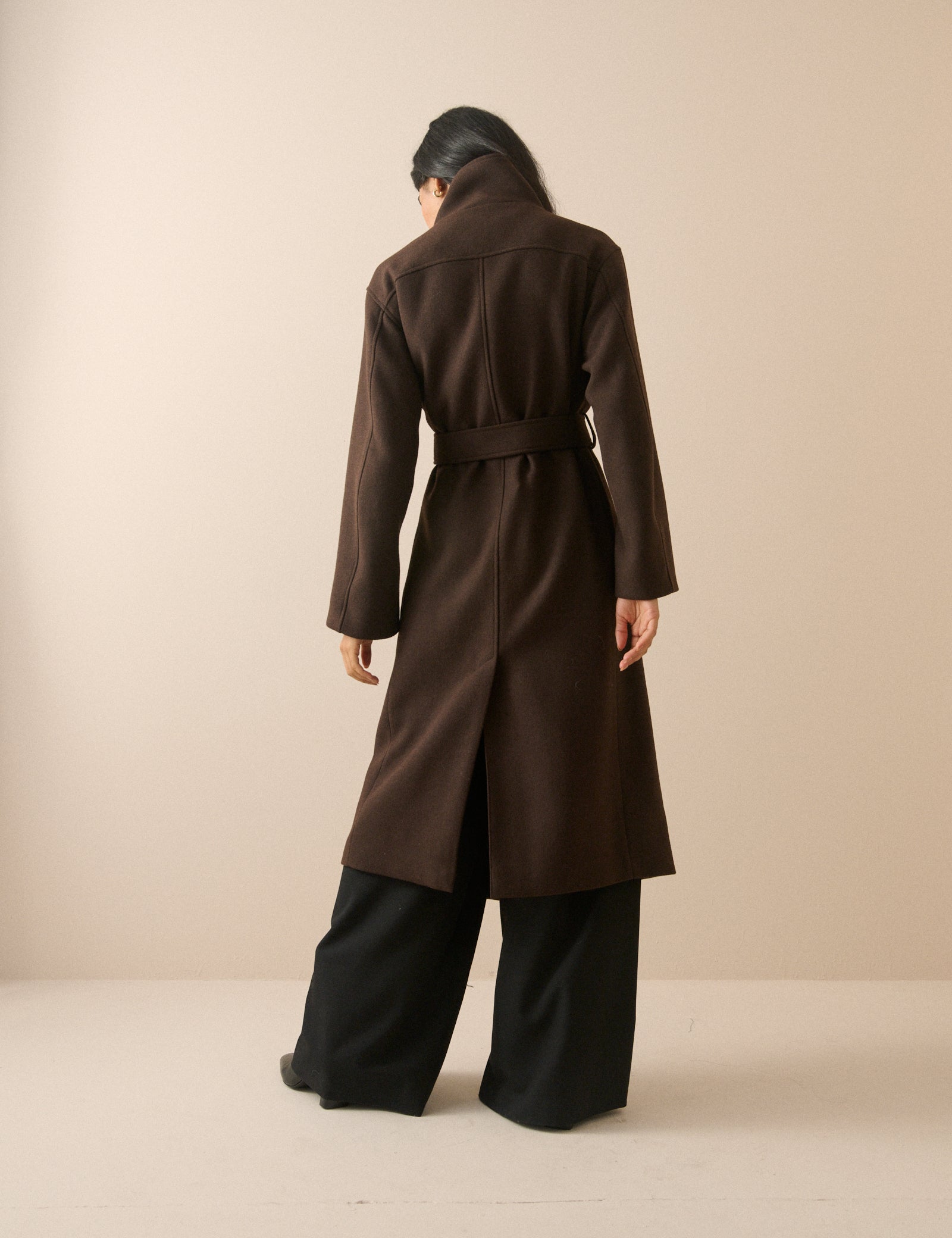 Brown Wool-Blend Funnel Neck Coat