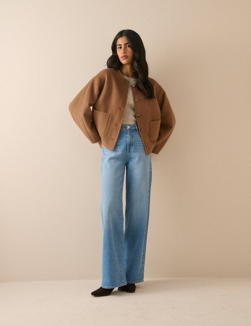 Camel Wool-Blend Neck Tie Jacket