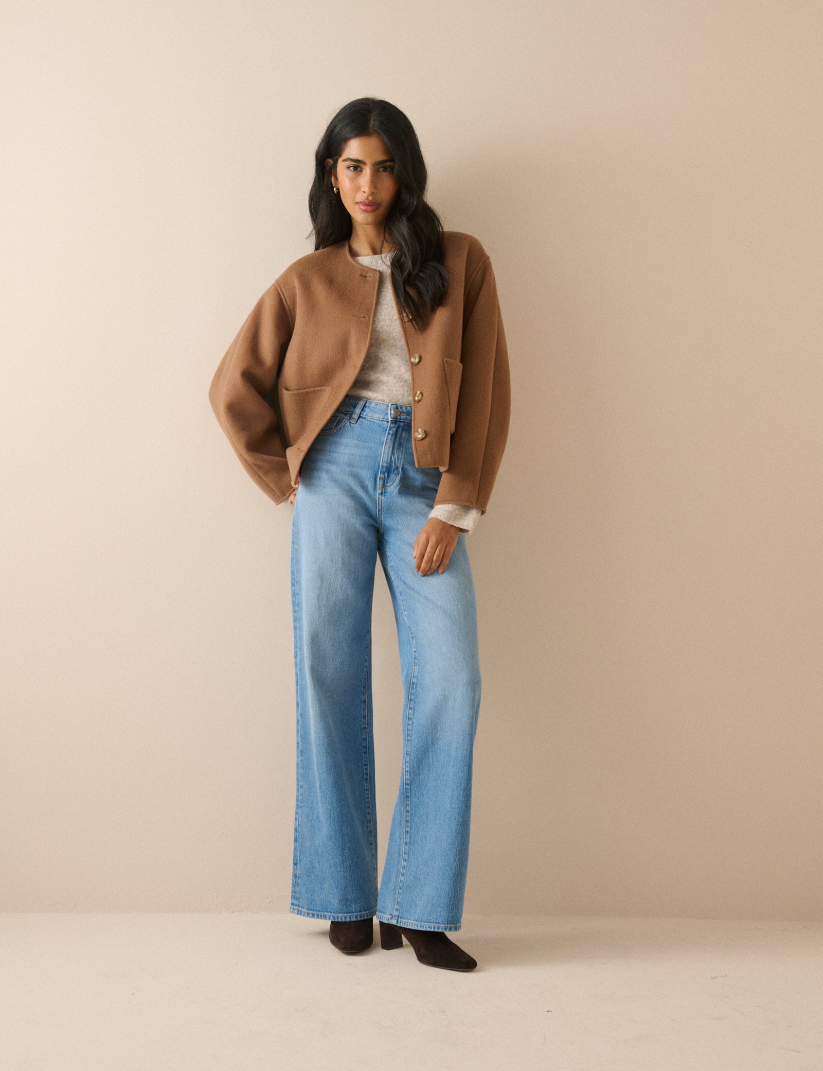 Camel Wool-Blend Neck Tie Jacket