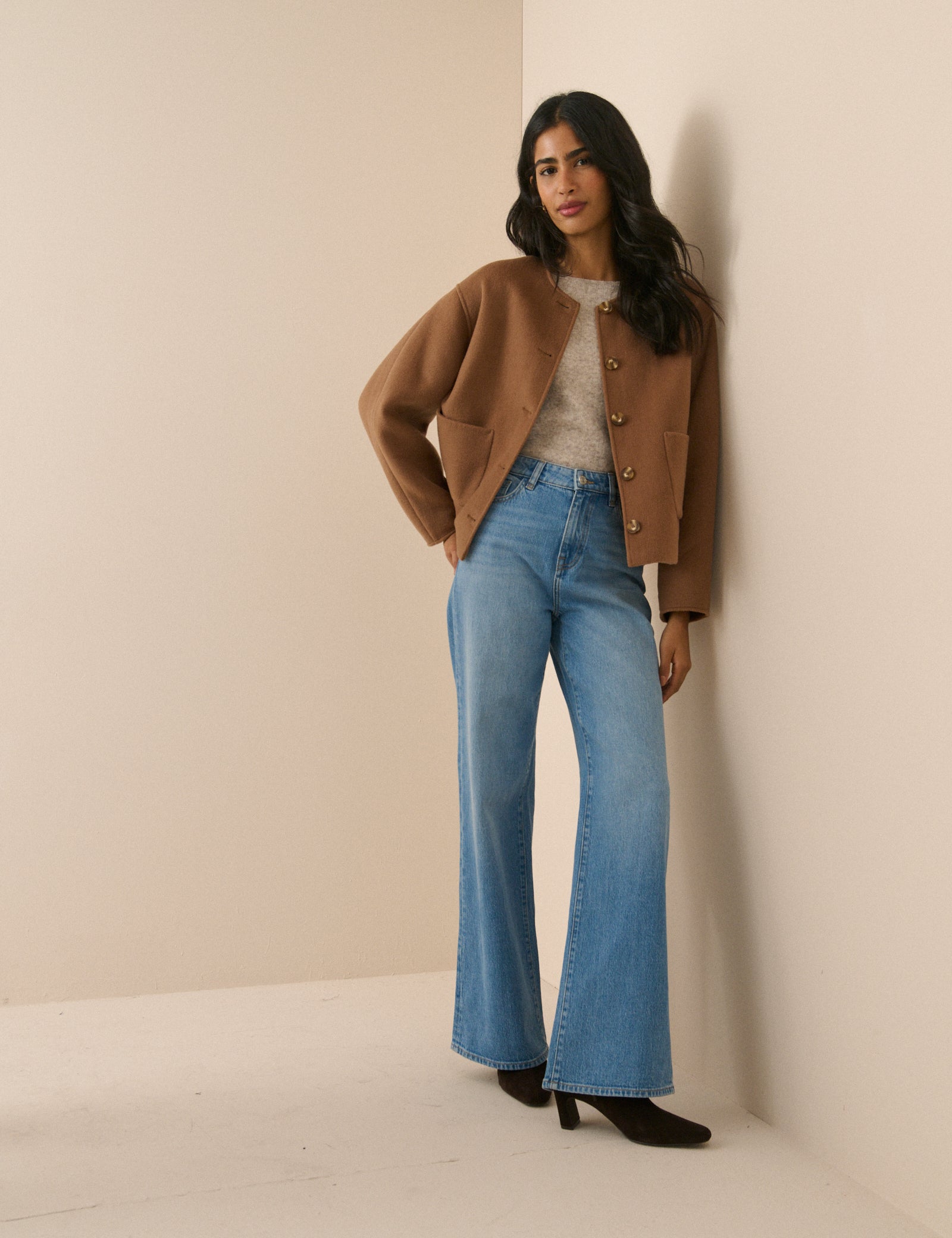 Camel Wool-Blend Neck Tie Jacket