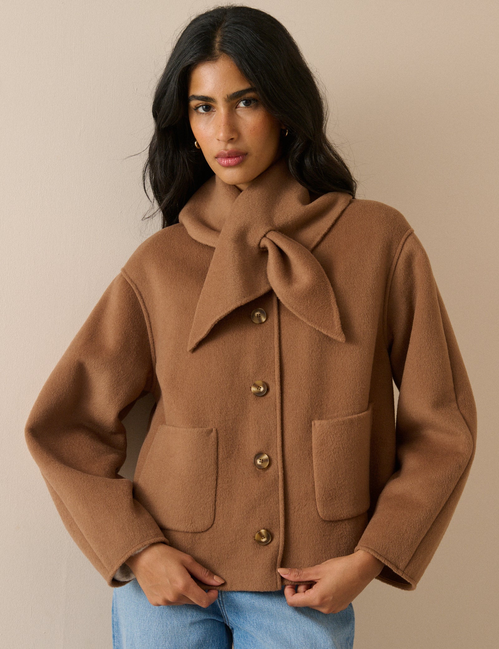 Camel Wool-Blend Neck Tie Jacket