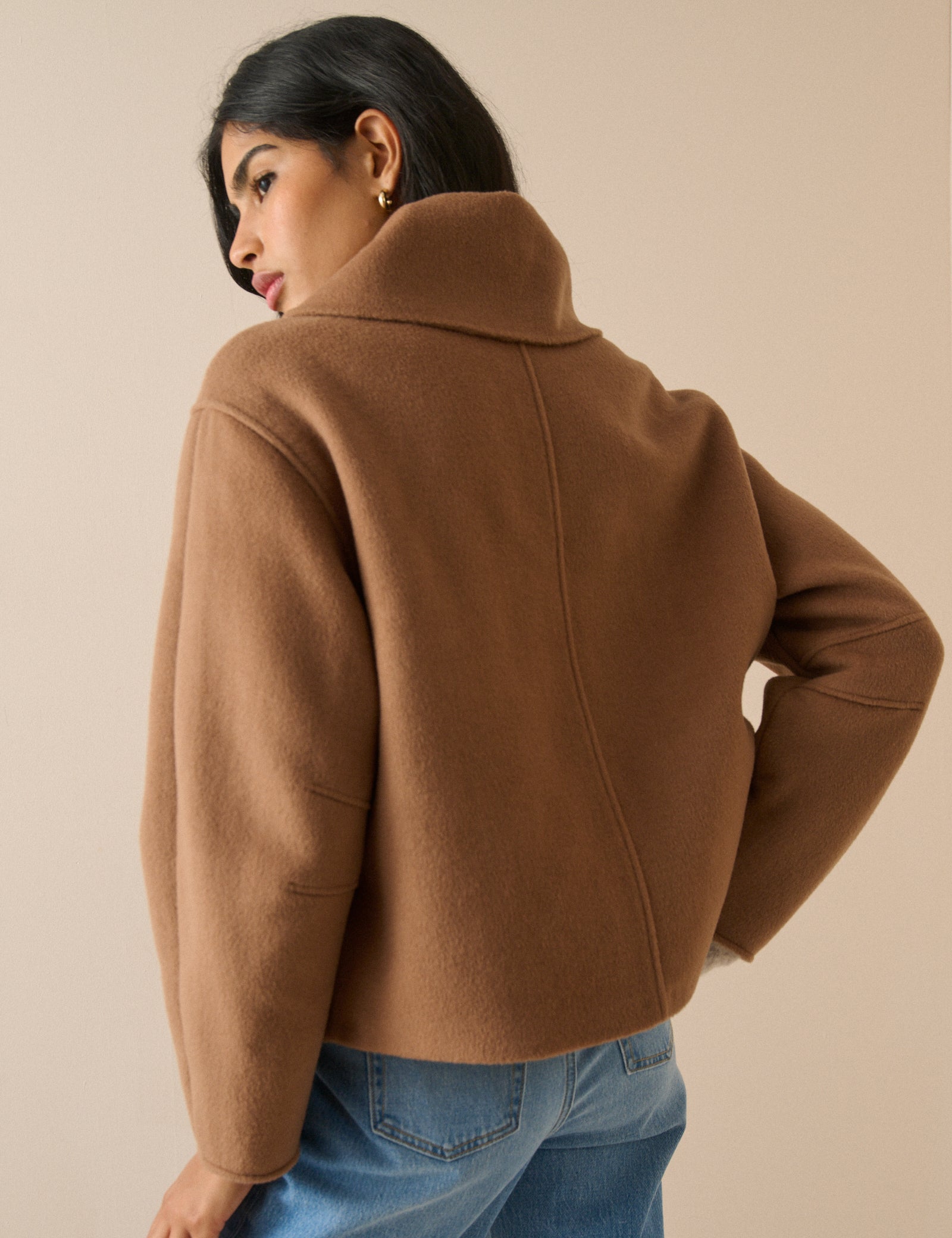 Camel Wool-Blend Neck Tie Jacket