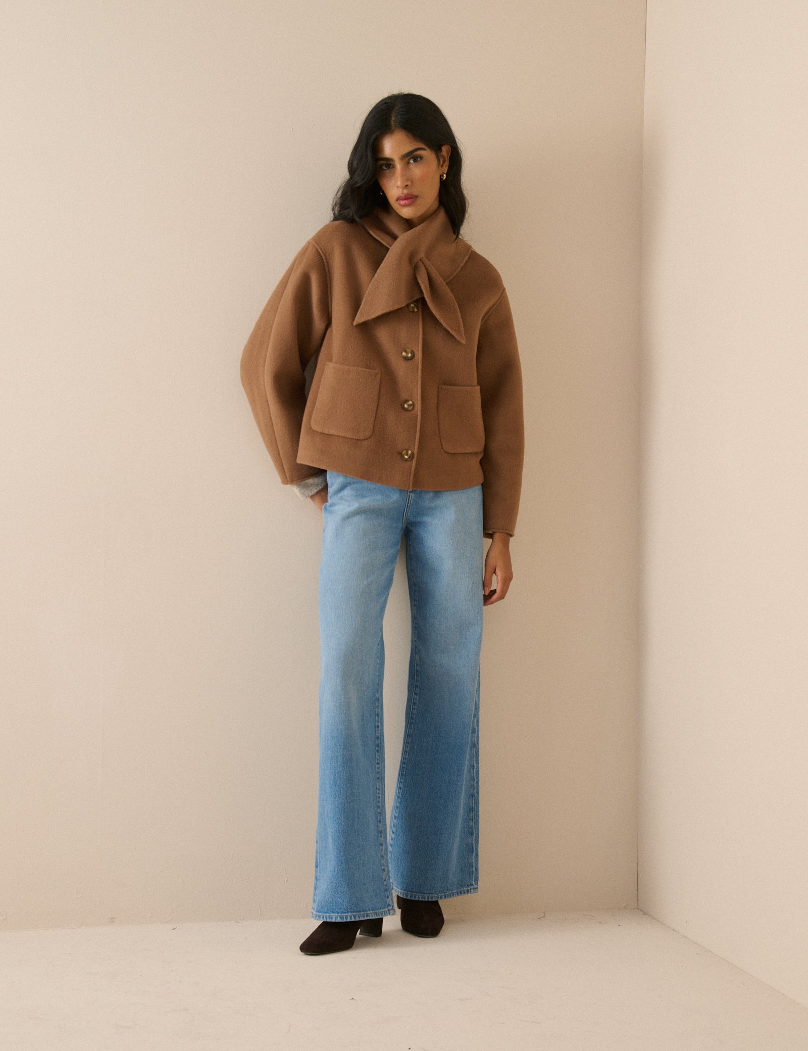 Camel Wool-Blend Neck Tie Jacket
