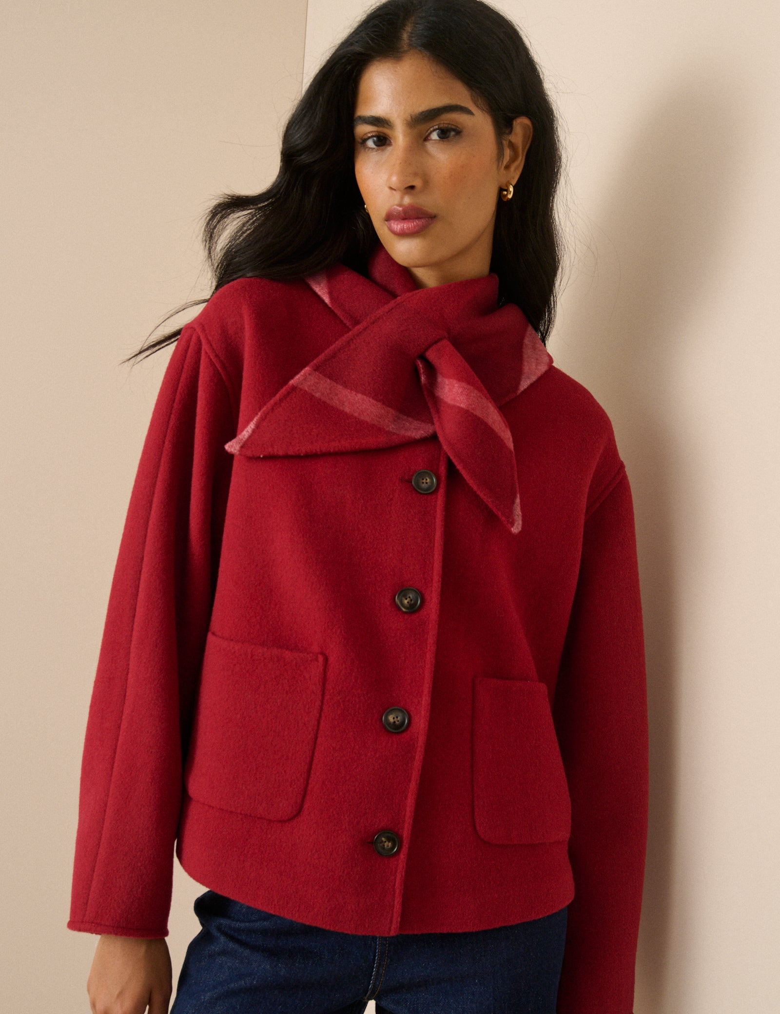Red Tie Neck Wool-Blend Jacket