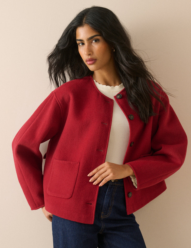 Red Tie Neck Wool-Blend Jacket