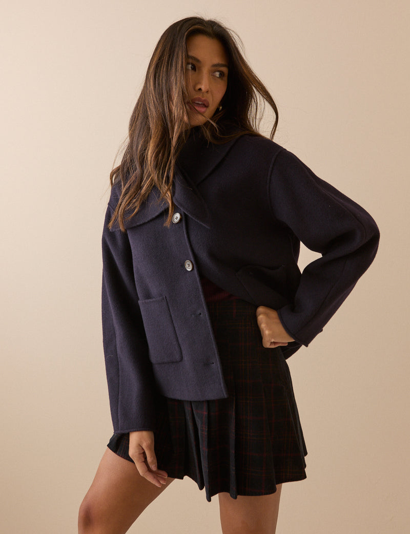 Navy Wool-Blend Neck Tie Jacket