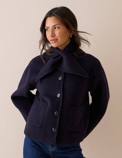 Navy Wool-Blend Neck Tie Jacket