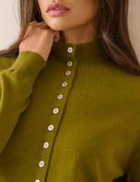 Olive Green Cashmere Funnel Neck Cardigan