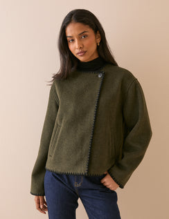 Khaki Whipstitch Asymmetric Wool-Blend Jacket