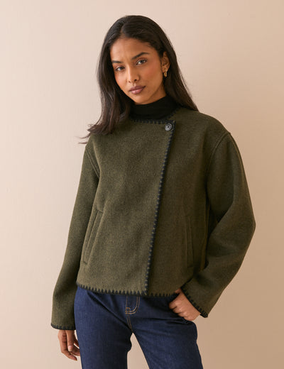 Khaki Whipstitch Asymmetric Wool-Blend Jacket