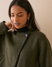 Khaki Whipstitch Asymmetric Wool-Blend Jacket