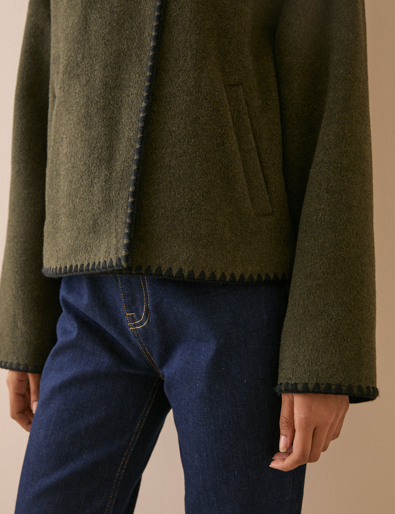 Khaki Whipstitch Asymmetric Wool-Blend Jacket