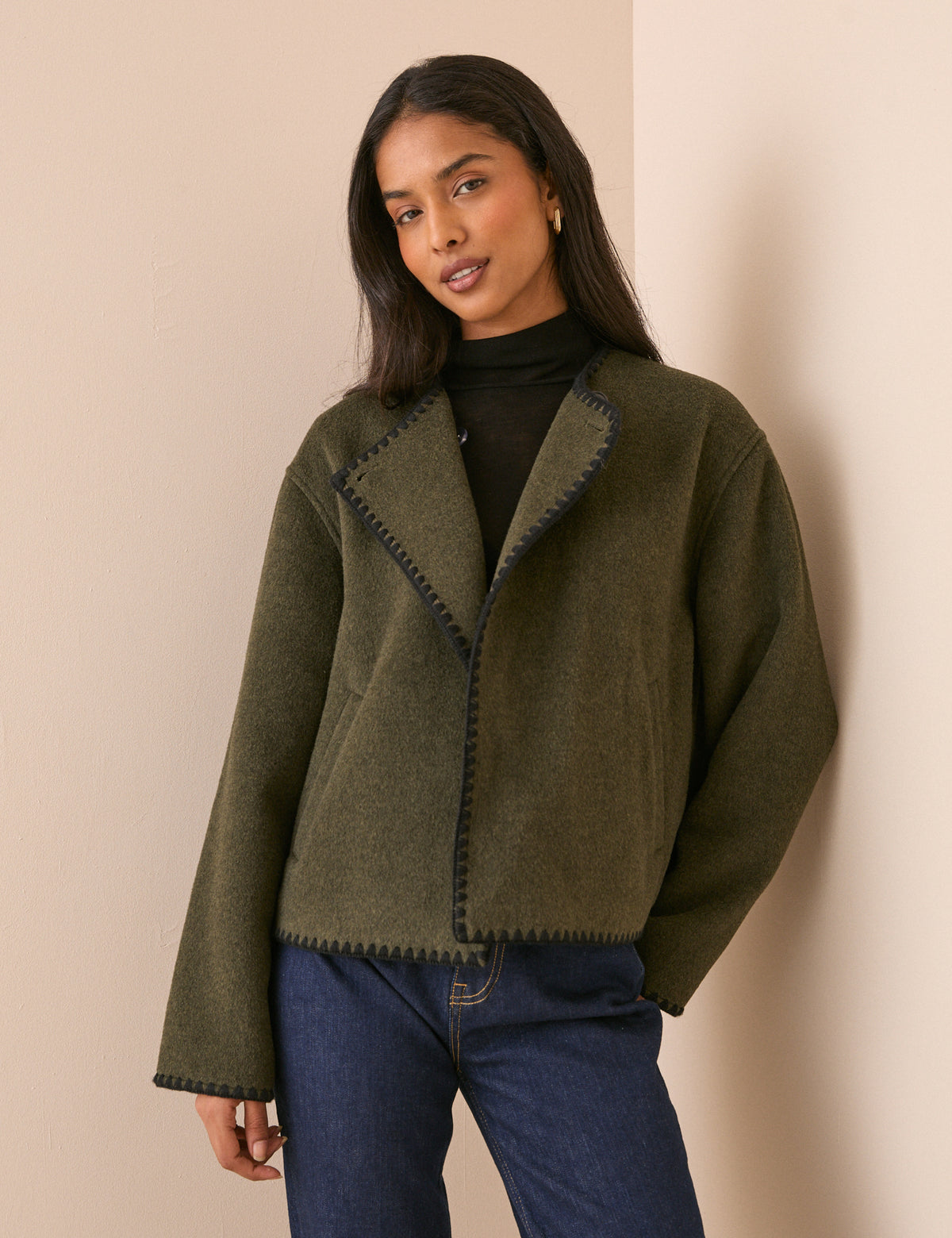 Khaki Whipstitch Asymmetric Wool-Blend Jacket