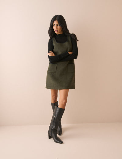Khaki Whipstitch Trim Wool-Blend Shift Dress