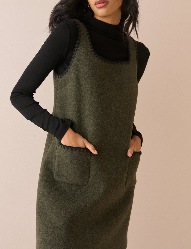 Khaki Whipstitch Trim Wool-Blend Shift Dress