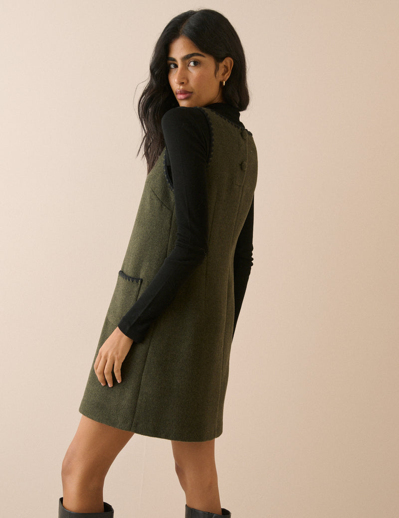 Khaki Whipstitch Trim Wool-Blend Shift Dress