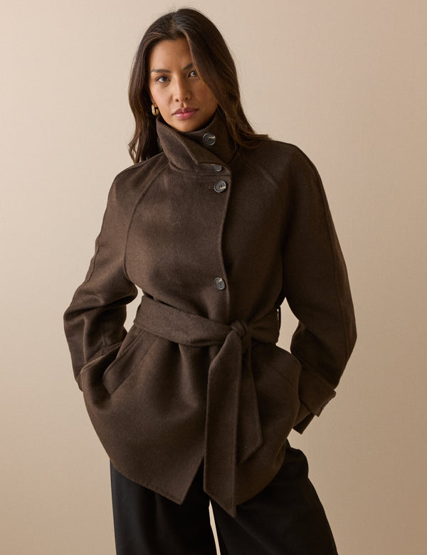 Brown Funnel Neck Wool Jacket