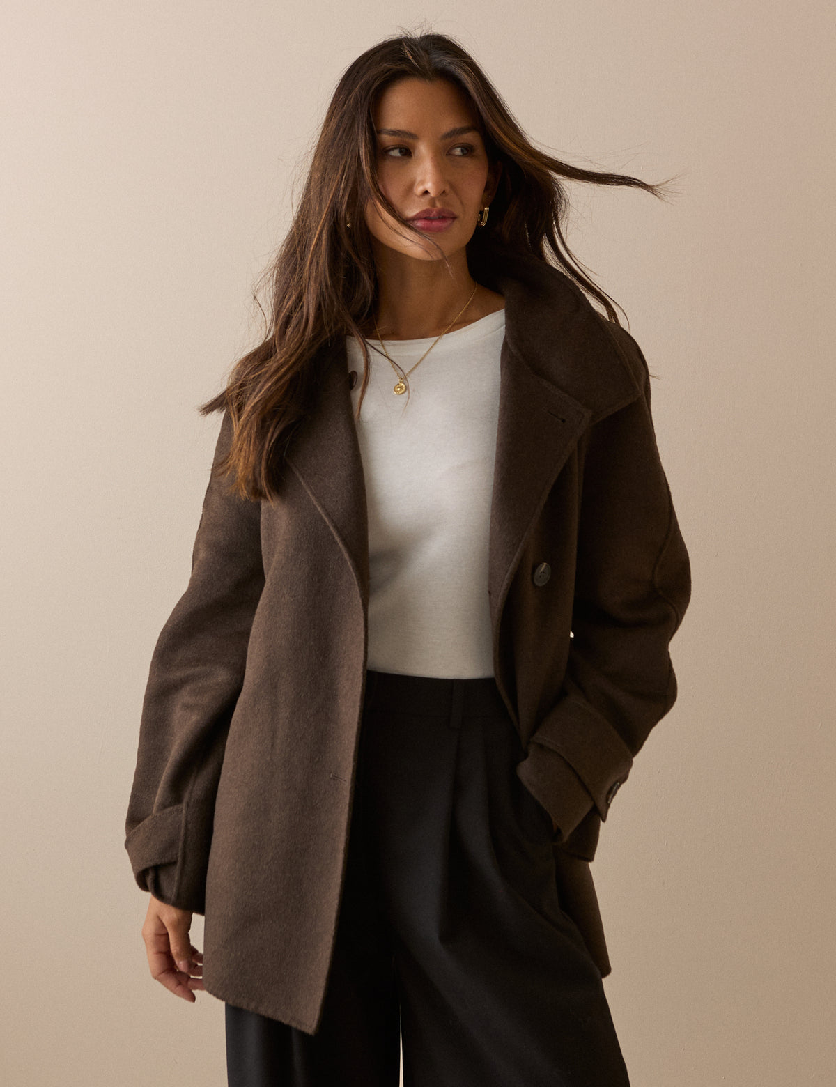 Brown Funnel Neck Wool Jacket
