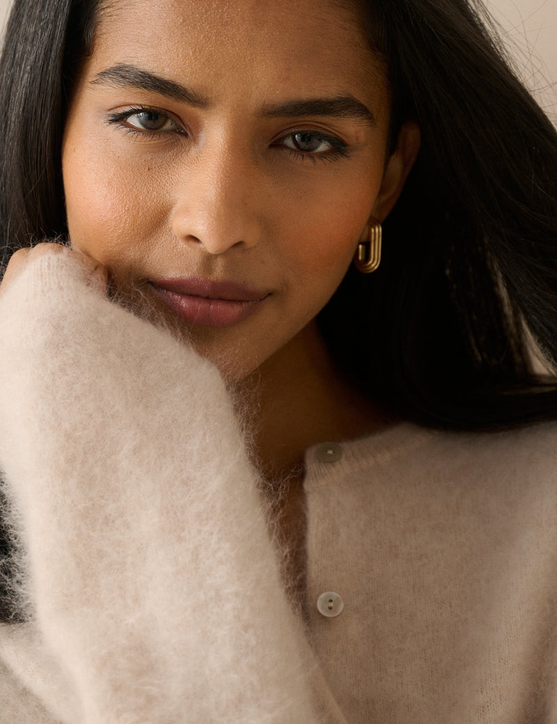 Close-up of oatmeal brushed cashmere cardigan