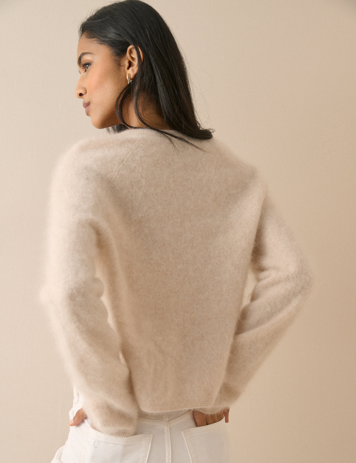 Back view of oatmeal brushed cashmere cardigan