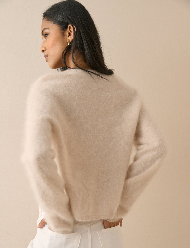 Back view of oatmeal brushed cashmere cardigan