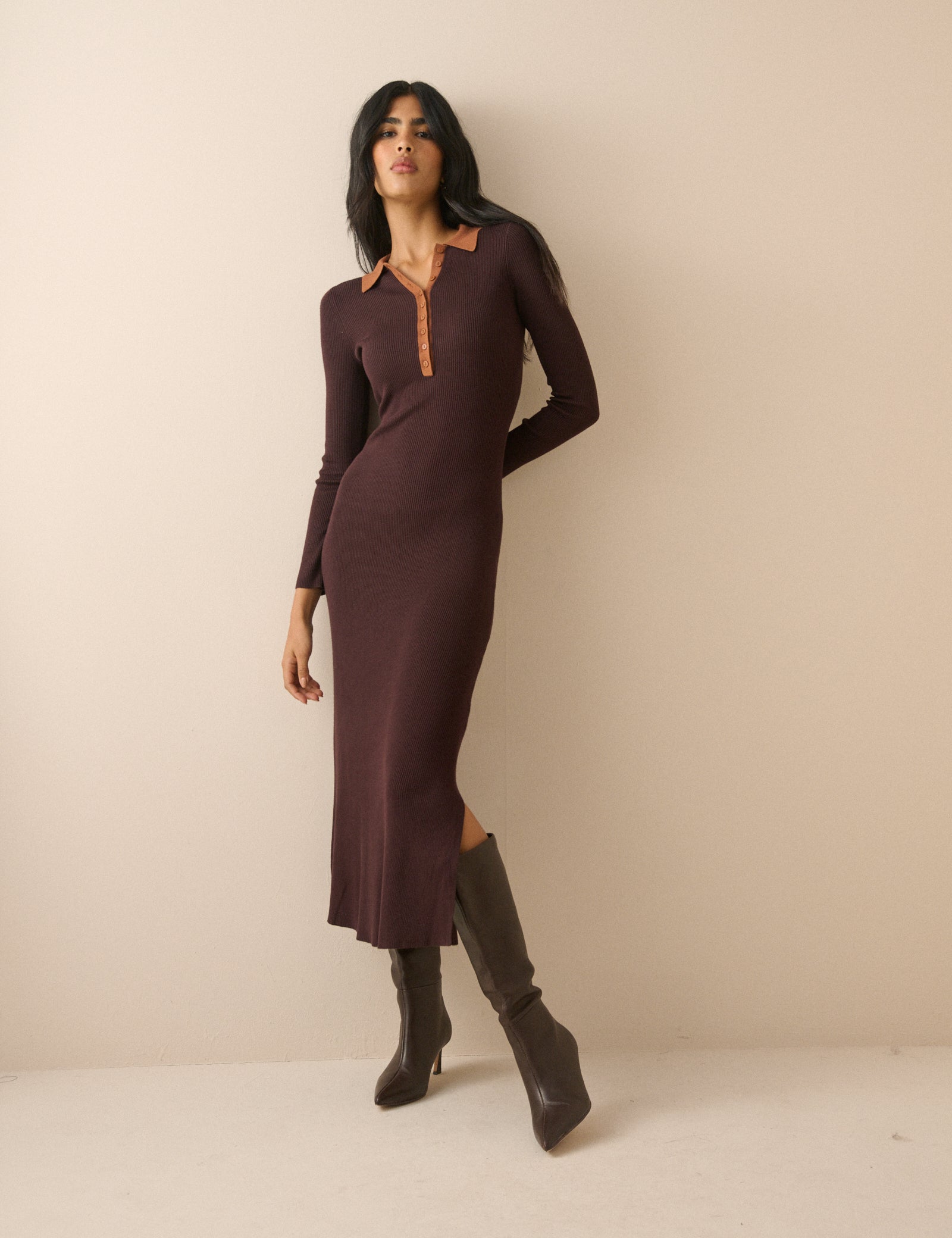 Chocolate Brown Contrast Polo Midi Dress