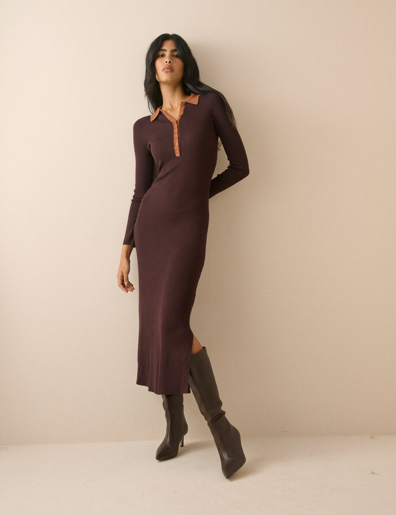 Chocolate Brown Contrast Polo Midi Dress