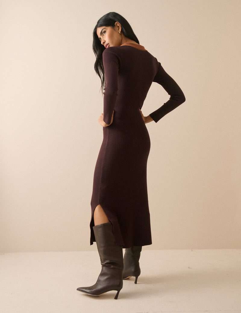 Chocolate Brown Contrast Polo Midi Dress