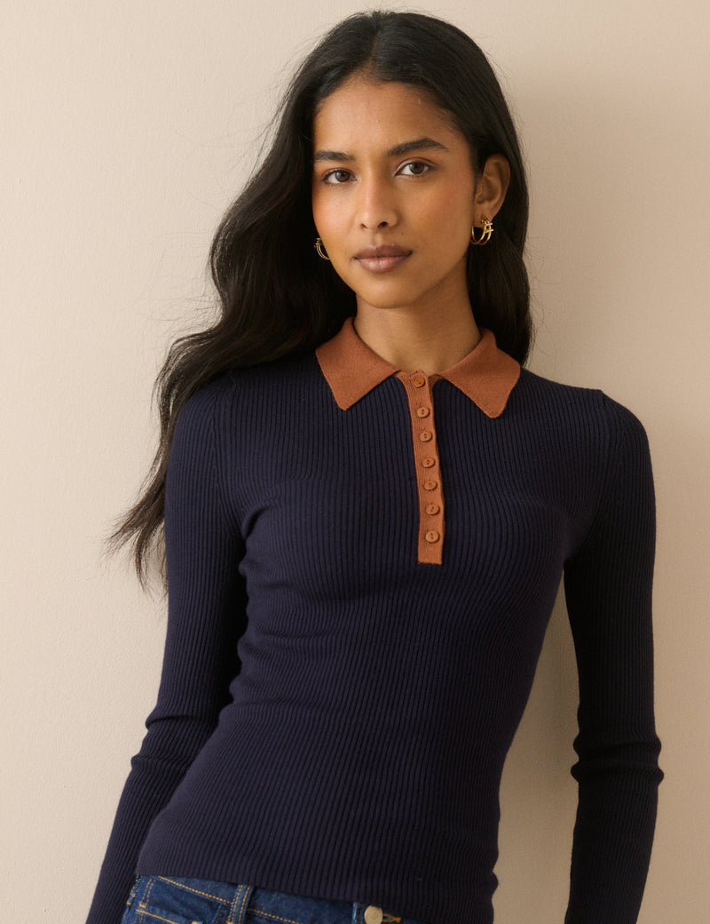 Navy Ribbed Collared Polo Top